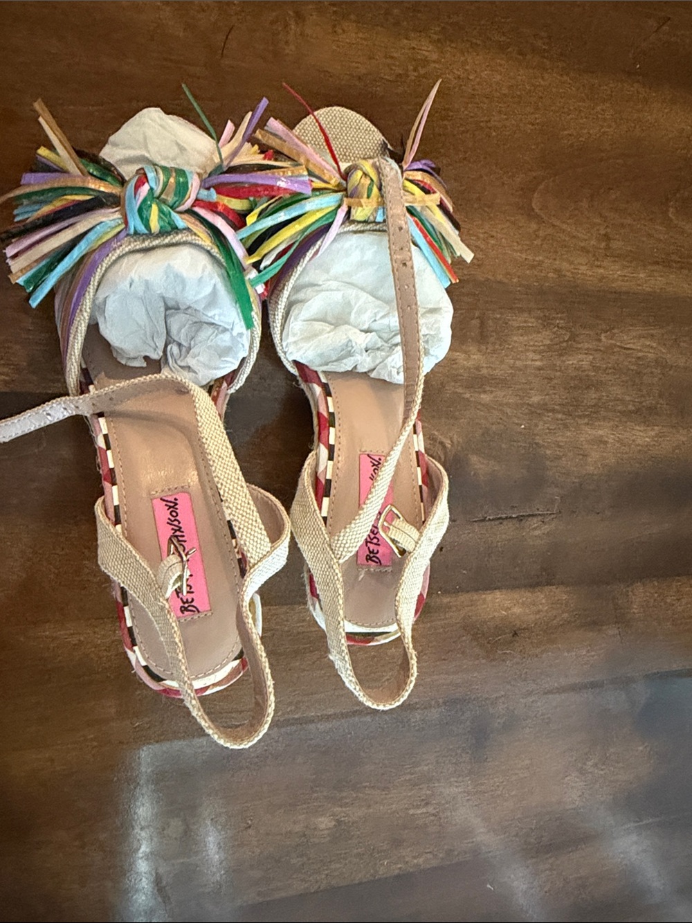 Betsey Johnson Beige Espadrille Wedges with Multicolor Tassels